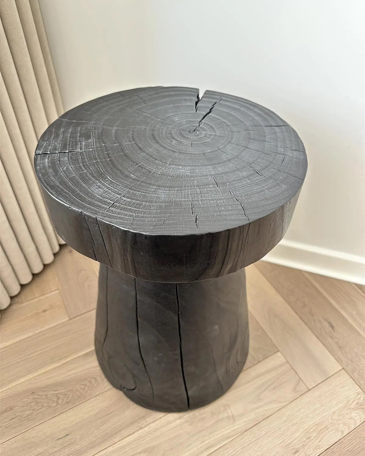 Charred Black Wood Side Table – Sculptural Solid Wood Accent Stool