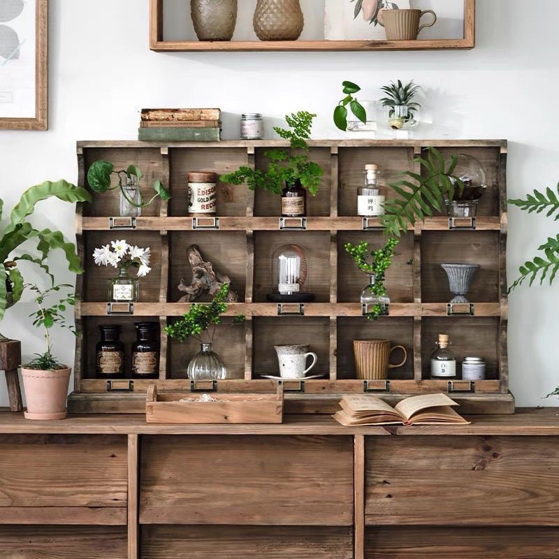 Vintage Wooden Wall Cubby Shelf Organizer – Rustic Display & Storage