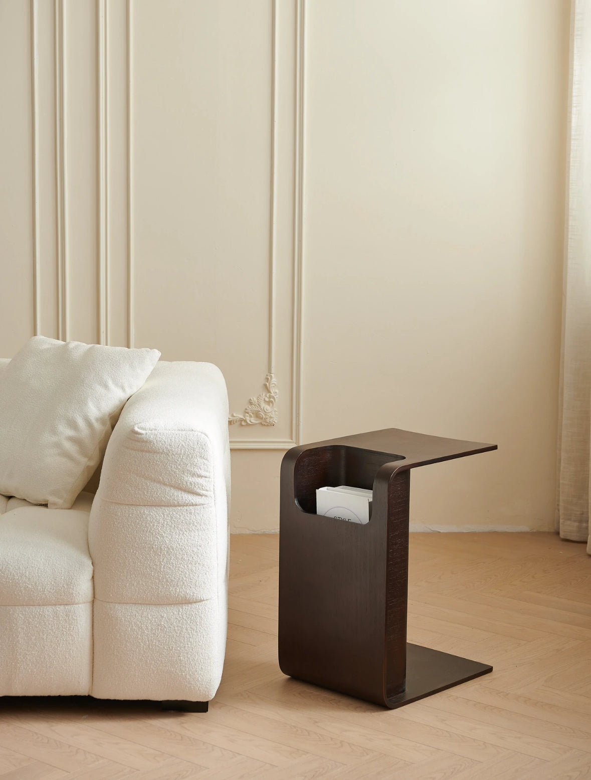 C-Shaped Convertible Wood Side Table With Storage
