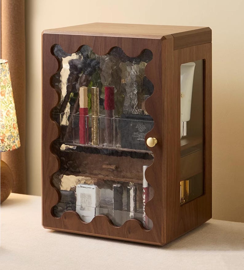 Luxury Walnut Wood Vanity Organizer – High-Capacity Cosmetic Storage Box with Mirror & Drawers