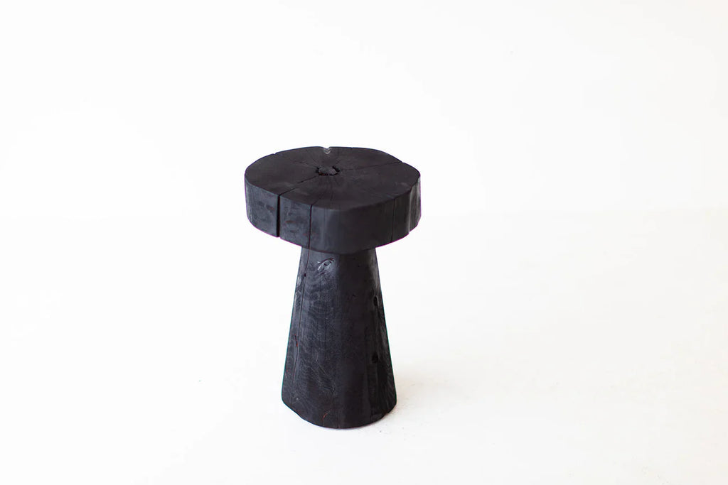 Charred Black Wood Side Table – Sculptural Solid Wood Accent Stool