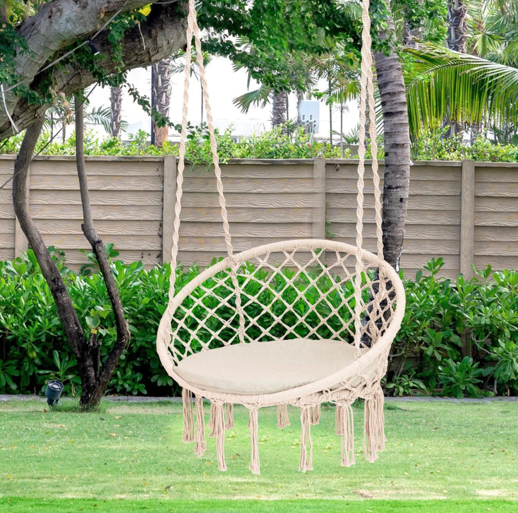 Bohemian Macrame Hammock Chair with Cushion - Indoor/Outdoor Hanging Rope Swing with Hardware Kit & Strap