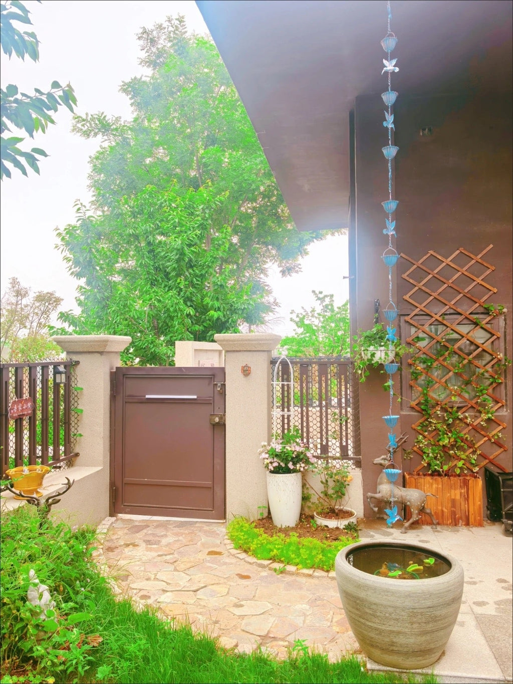 Hummingbird & Blue Flower Rain Chain 94-Inch Decorative Garden Downspout Alternative