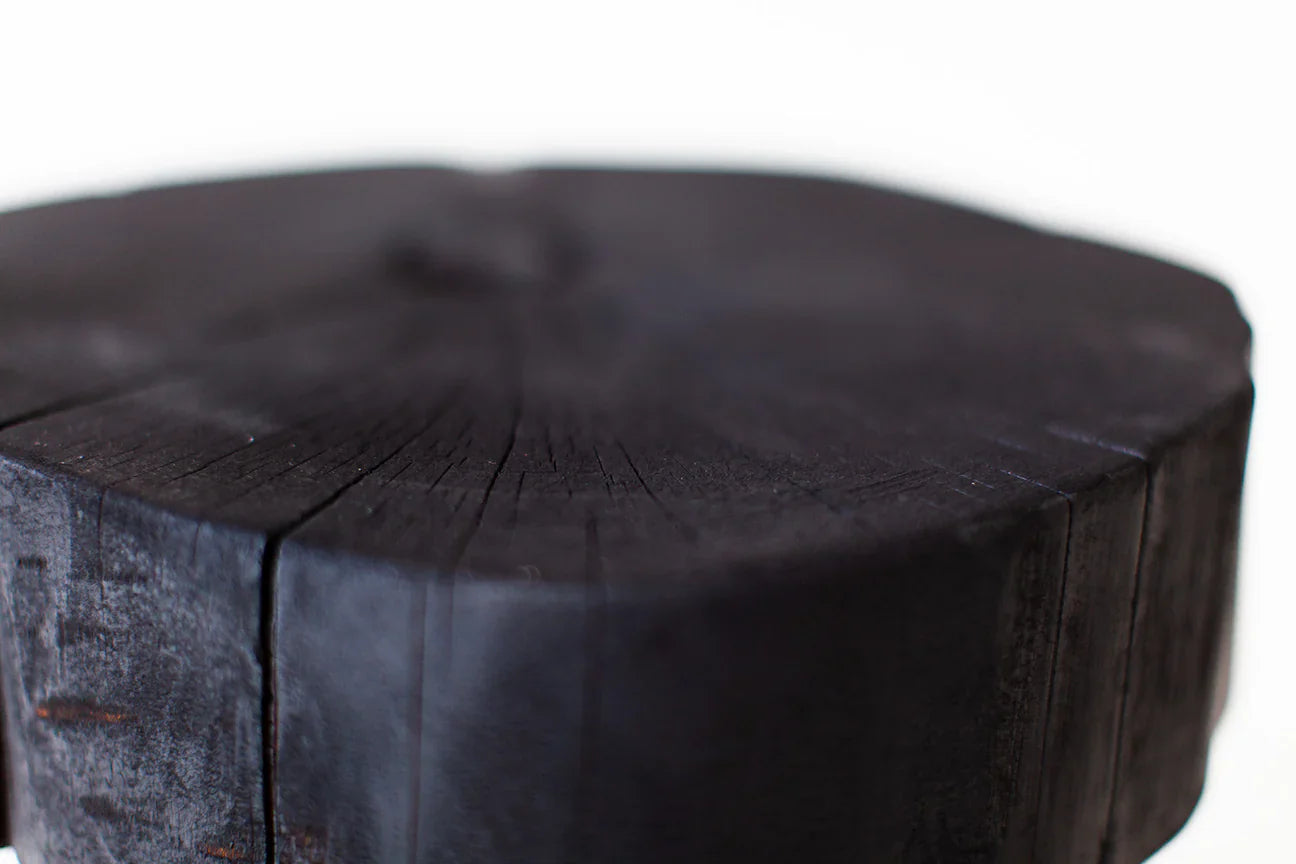 Charred Black Wood Side Table – Sculptural Solid Wood Accent Stool