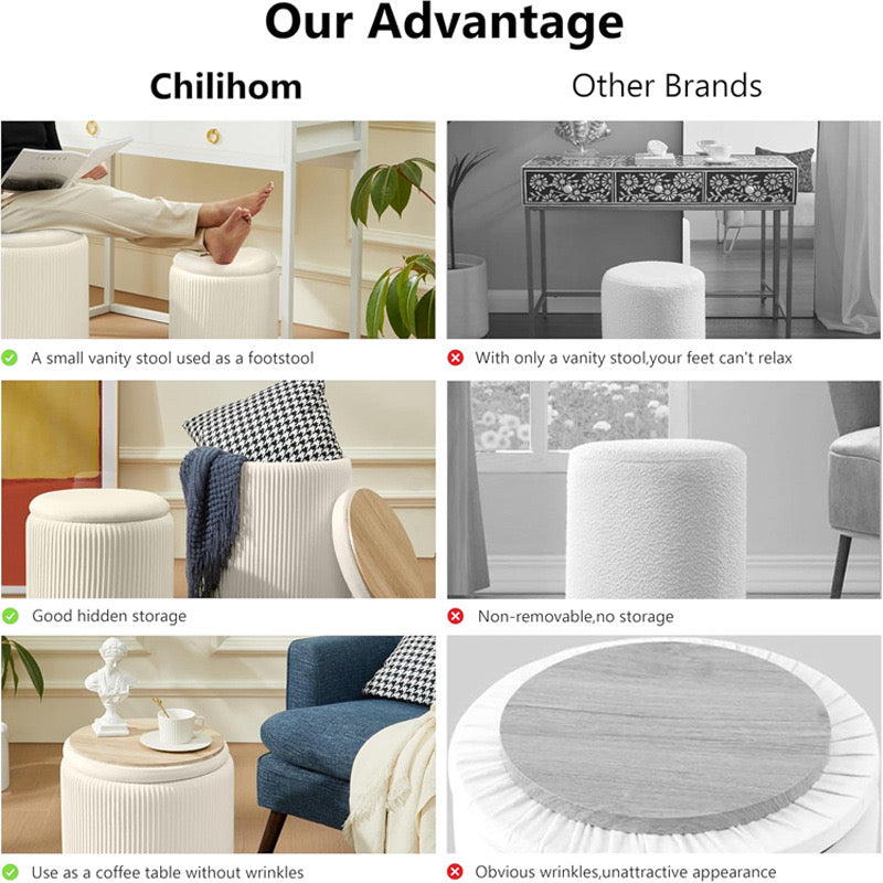 Set of 2 White Sherpa Round Storage Ottomans with Gold Base – Soft Vanity Stool for Bedroom or Living Room