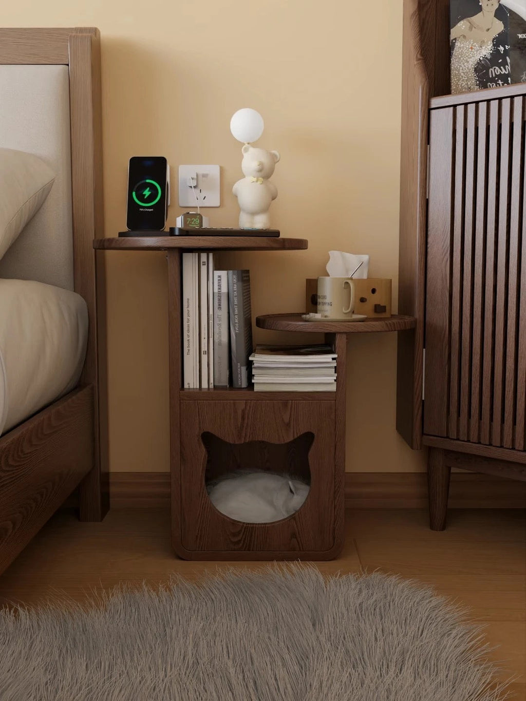 Multi-Level Wooden Side Table with Built-In Cat House – Stylish and Functional Pet-Friendly Furniture