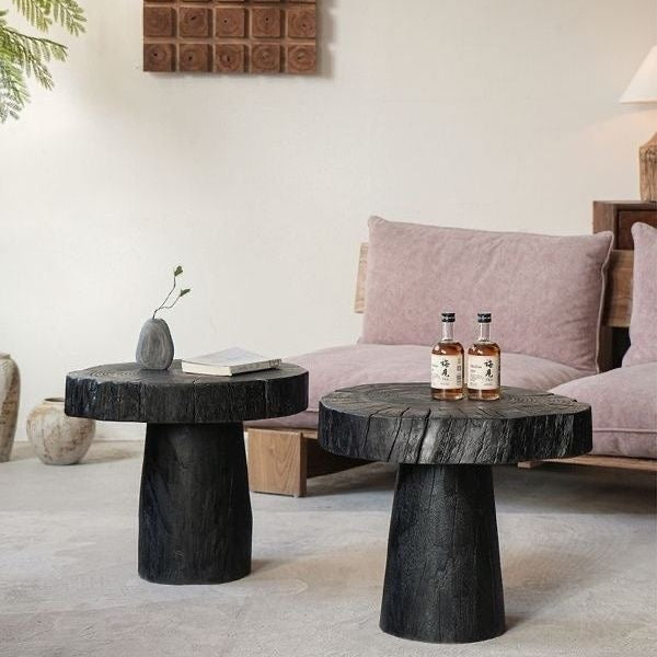Charred Black Wood Side Table – Sculptural Solid Wood Accent Stool