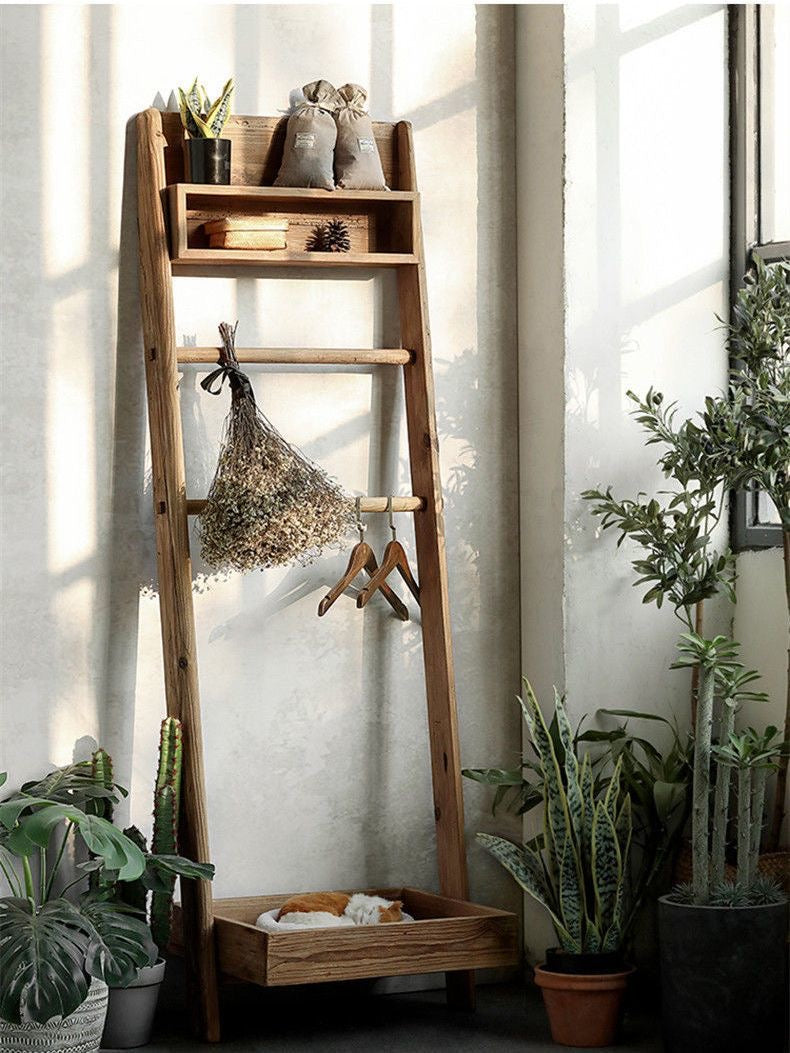 Rustic Wooden Ladder Shelf with Hanging Rack