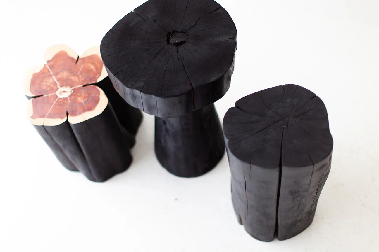 Charred Black Wood Side Table – Sculptural Solid Wood Accent Stool