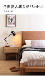 Handwoven Rope Front Wooden Nightstand – Mid-Century Natural Solid Wood Bedside Table