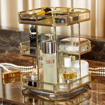 Gold Glass Rotation Makeup Perfume Tray Organizer