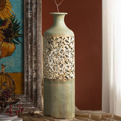 Antique-Inspired Tall Decorative Vases – Ornate Carved Metal Floor Vessels for Vintage French Country Home Decor