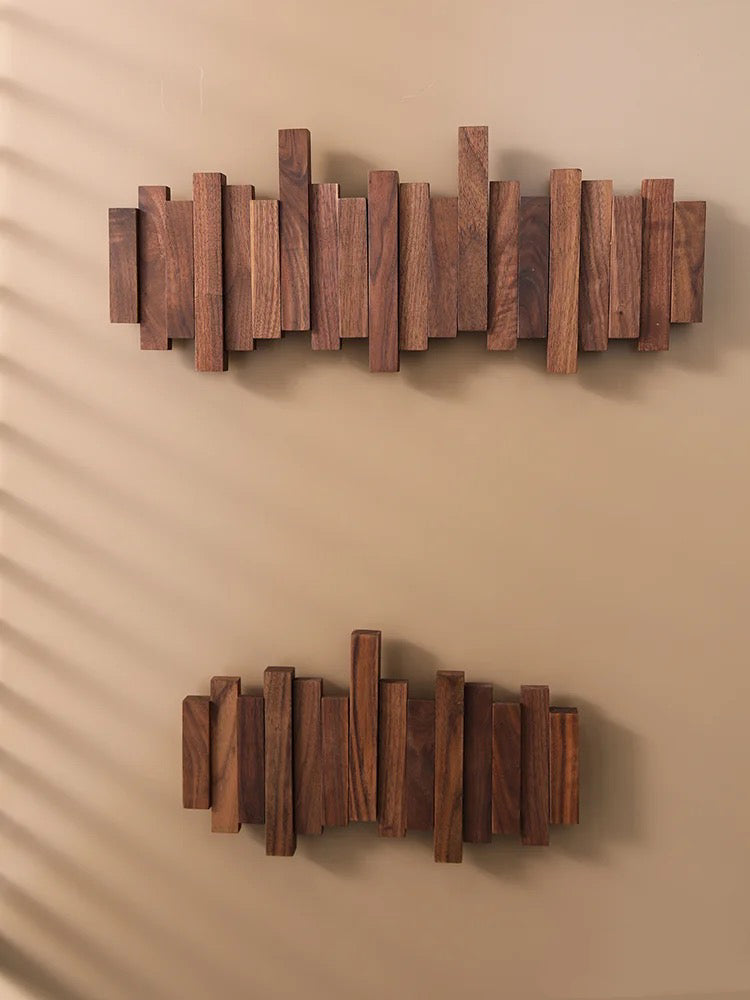 Modern Wooden Wall Hook Rack – Space-Saving Folding Coat Rack with Hidden Hooks – Stylish Walnut Wood Floating Wall Organizer