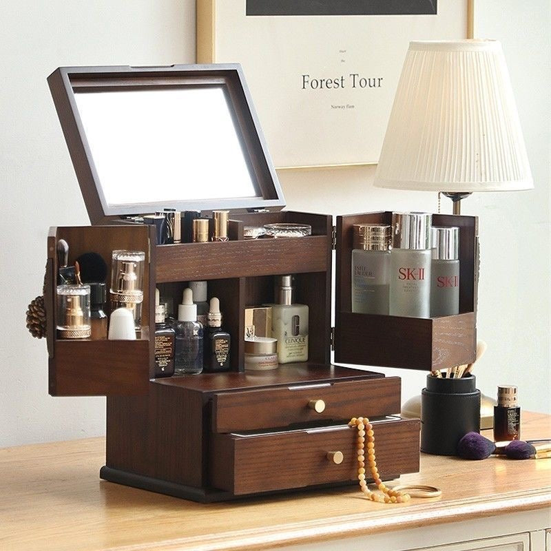 Luxury Solid Walnut Makeup Organizer Box with Drawers and Mirror – Elegant Vanity Storage Cabinet for Jewelry, Cosmetics & Beauty Essentials