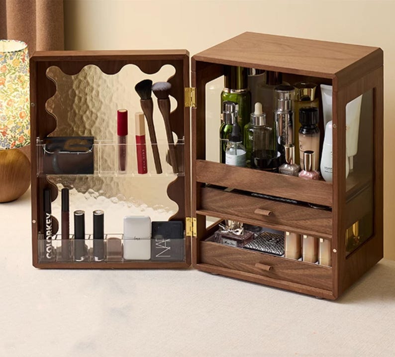 Luxury Walnut Wood Vanity Organizer – High-Capacity Cosmetic Storage Box with Mirror & Drawers