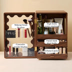Luxury Walnut Wood Vanity Organizer – High-Capacity Cosmetic Storage Box with Mirror & Drawers