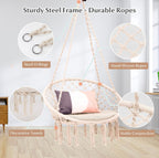 Bohemian Macrame Hammock Chair with Cushion - Indoor/Outdoor Hanging Rope Swing with Hardware Kit & Strap