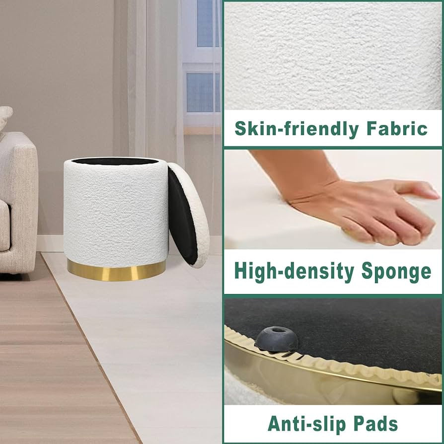 Set of 2 White Sherpa Round Storage Ottomans with Gold Base – Soft Vanity Stool for Bedroom or Living Room