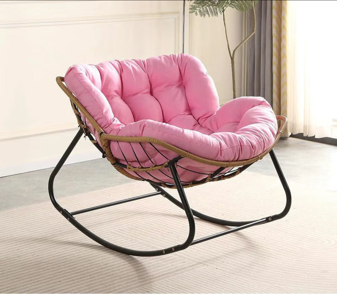 Oversized Outdoor Papasan Rocking Chair with Soft Cushion | Rattan Frame Lounge Chair for Patio & Living Room
