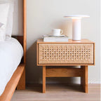 Handwoven Rope Front Wooden Nightstand – Mid-Century Natural Solid Wood Bedside Table
