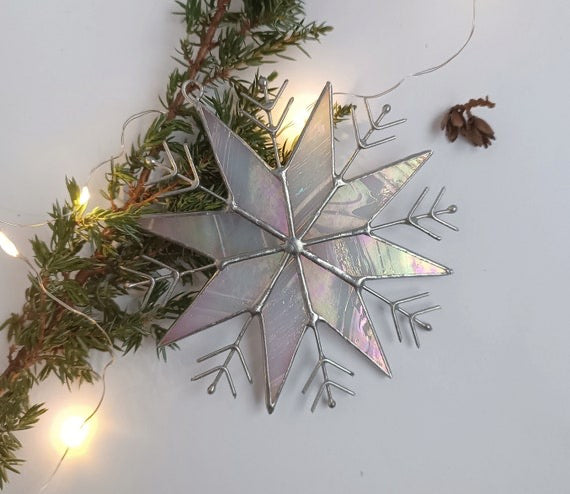 Stained Glass Snowflake Ornament – Handmade Iridescent Holiday Suncatcher