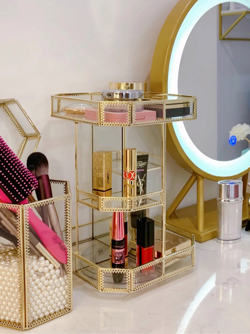 Gold Glass Rotation Makeup Perfume Tray Organizer