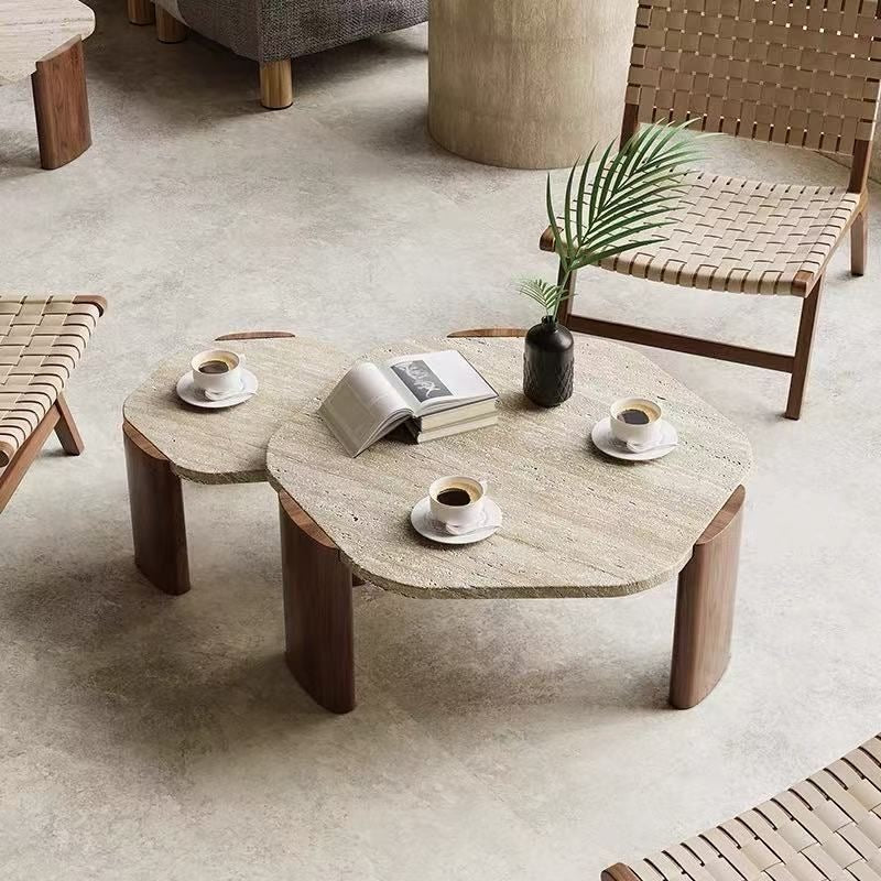 Modern Travertine Coffee Table with Walnut Legs