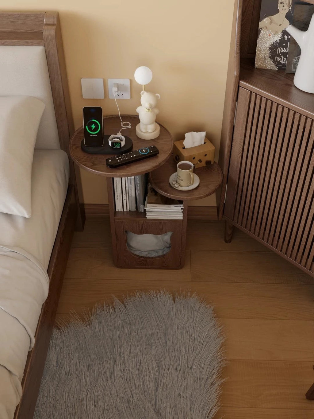 Multi-Level Wooden Side Table with Built-In Cat House – Stylish and Functional Pet-Friendly Furniture
