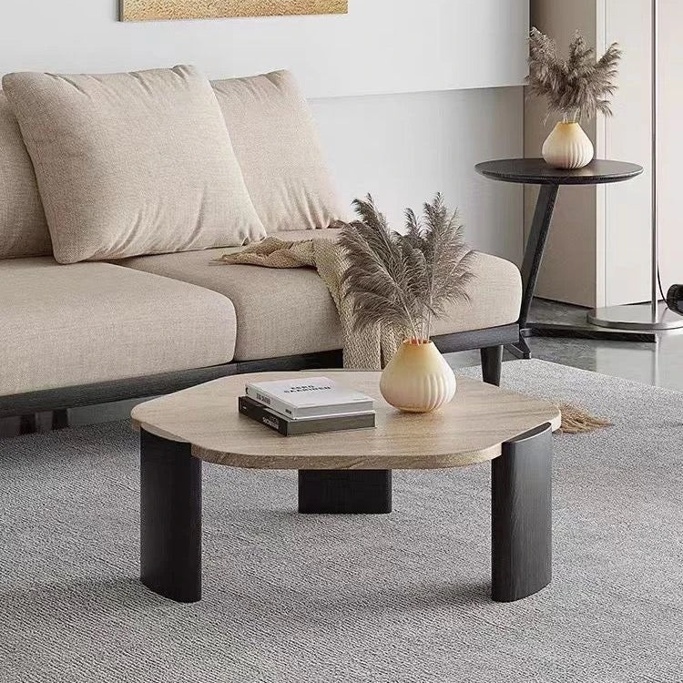 Modern Travertine Coffee Table with Walnut Legs