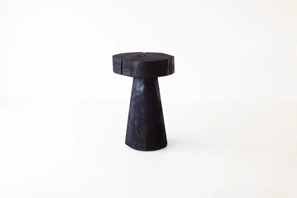 Charred Black Wood Side Table – Sculptural Solid Wood Accent Stool