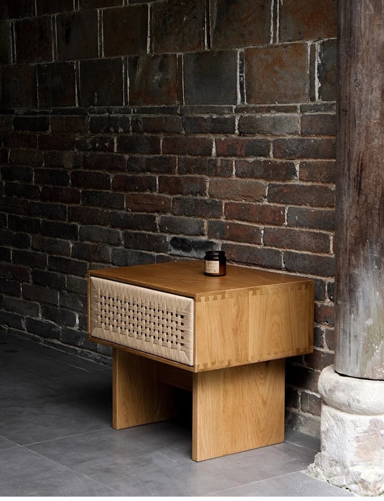 Handwoven Rope Front Wooden Nightstand – Mid-Century Natural Solid Wood Bedside Table