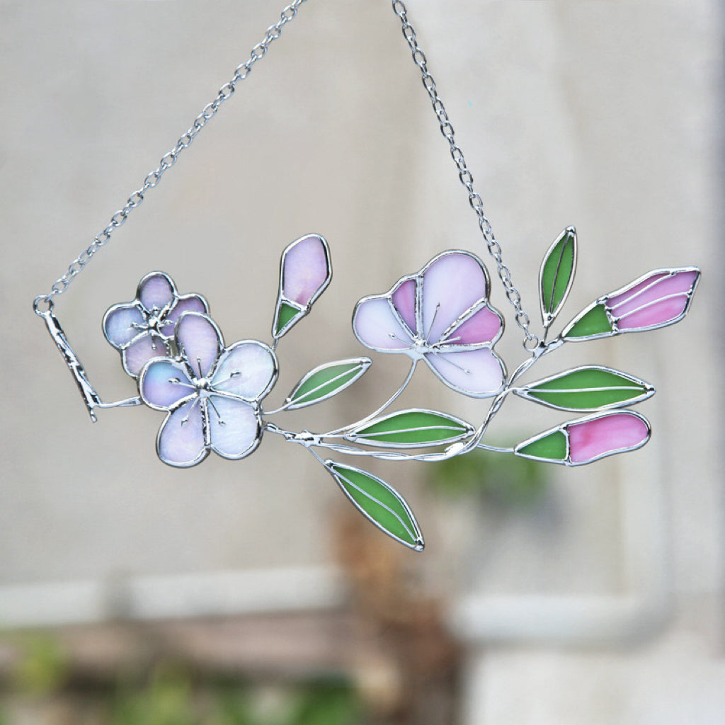 Handcrafted Stained Glass Flower Hanging | Iridescent Cherry Blossom Suncatcher with Silver/Black Frame