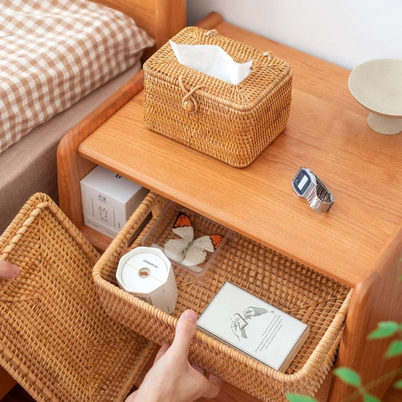 Handmade Woven Rattan Basket with Lid – Multi-Size Storage Box for Bathroom, Closet, or Living Room