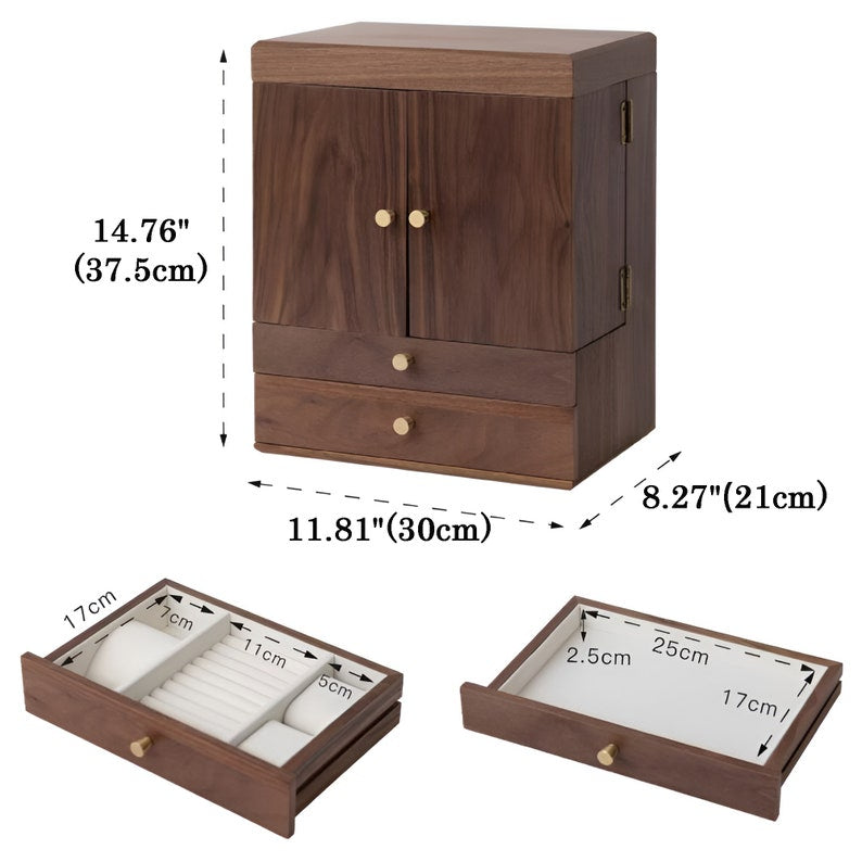 Luxury Solid Walnut Makeup Organizer Box with Drawers and Mirror – Elegant Vanity Storage Cabinet for Jewelry, Cosmetics & Beauty Essentials