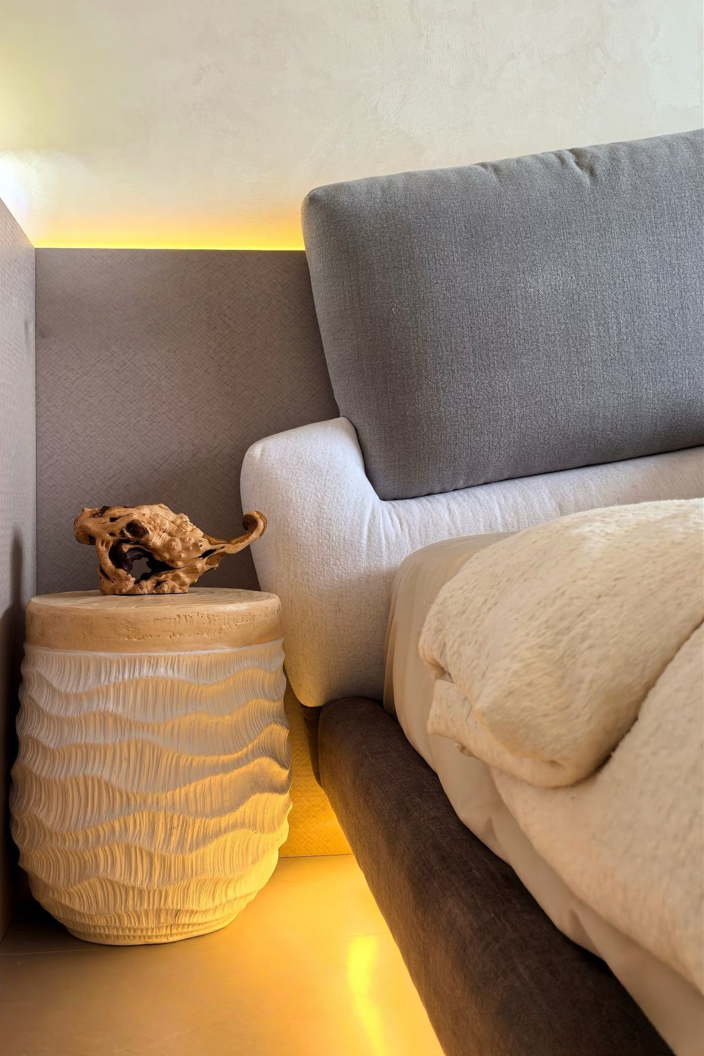 Textured Solid Wood Side Table – Natural Top & Sculpted Base