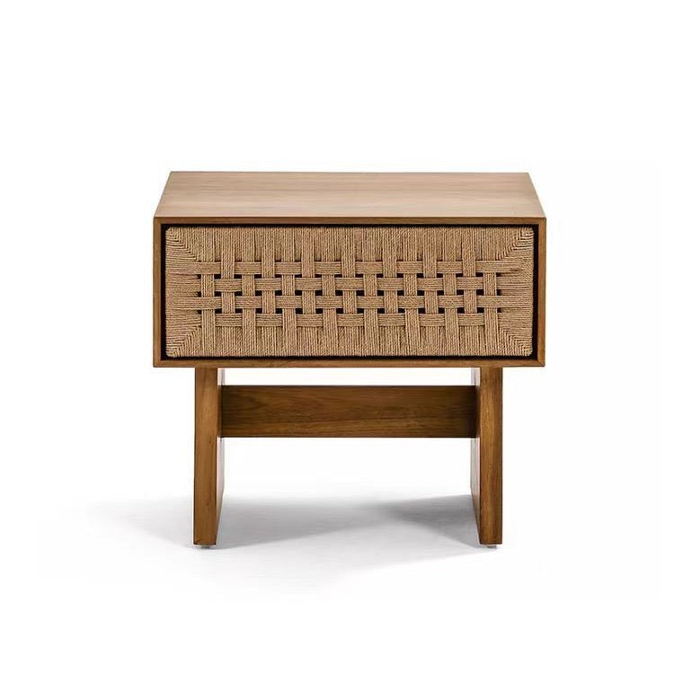 Handwoven Rope Front Wooden Nightstand – Mid-Century Natural Solid Wood Bedside Table