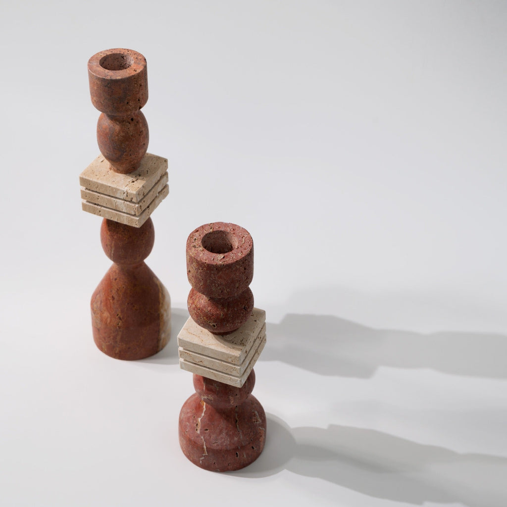 Modern Sculptural Bead Stone Candle Holder | Set of 2 Natural Stone Taper Holders