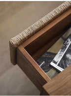 Handwoven Rope Front Wooden Nightstand – Mid-Century Natural Solid Wood Bedside Table