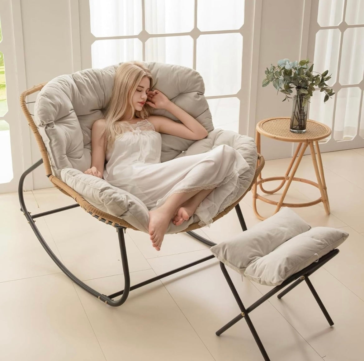 Oversized Outdoor Papasan Rocking Chair with Soft Cushion | Rattan Frame Lounge Chair for Patio & Living Room