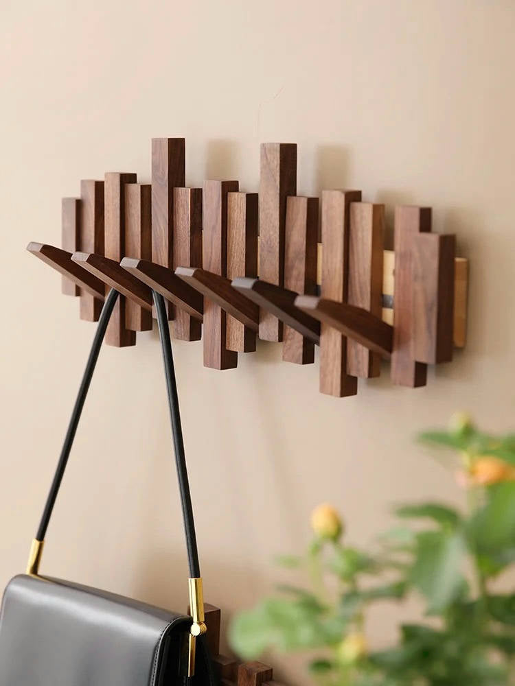 Modern Wooden Wall Hook Rack – Space-Saving Folding Coat Rack with Hidden Hooks – Stylish Walnut Wood Floating Wall Organizer