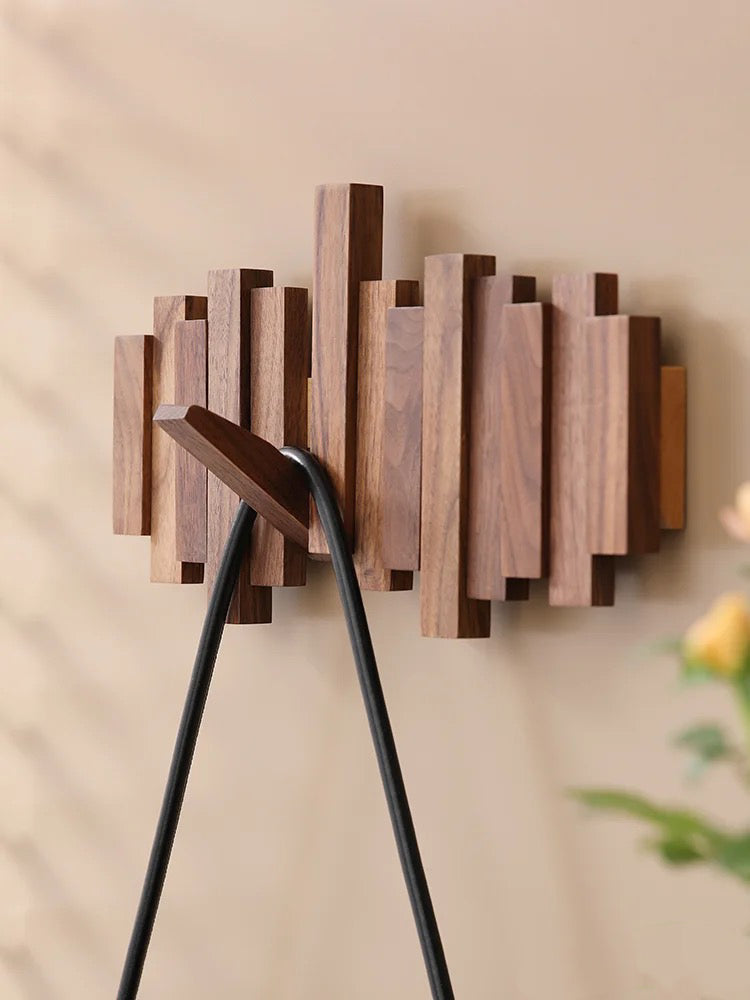 Modern Wooden Wall Hook Rack – Space-Saving Folding Coat Rack with Hidden Hooks – Stylish Walnut Wood Floating Wall Organizer