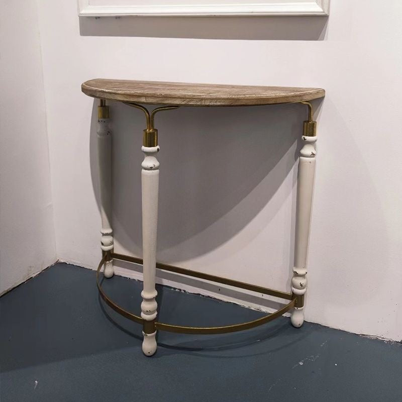 Rustic Wooden Half-Moon Round Corner Entryway Table with Iron Detailing