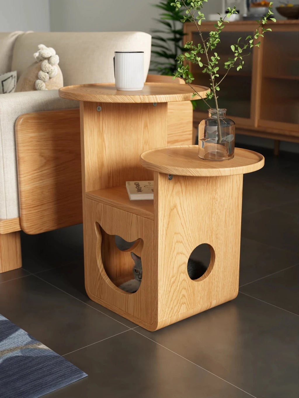 Multi-Level Wooden Side Table with Built-In Cat House – Stylish and Functional Pet-Friendly Furniture
