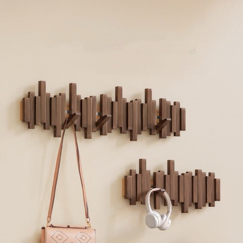 Modern Wooden Wall Hook Rack – Space-Saving Folding Coat Rack with Hidden Hooks – Stylish Walnut Wood Floating Wall Organizer