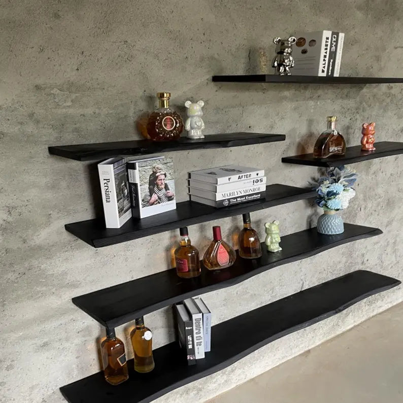 Charcoaled Live Edge Floating Wood Shelf – Rustic Natural Solid Wood Wall Shelf