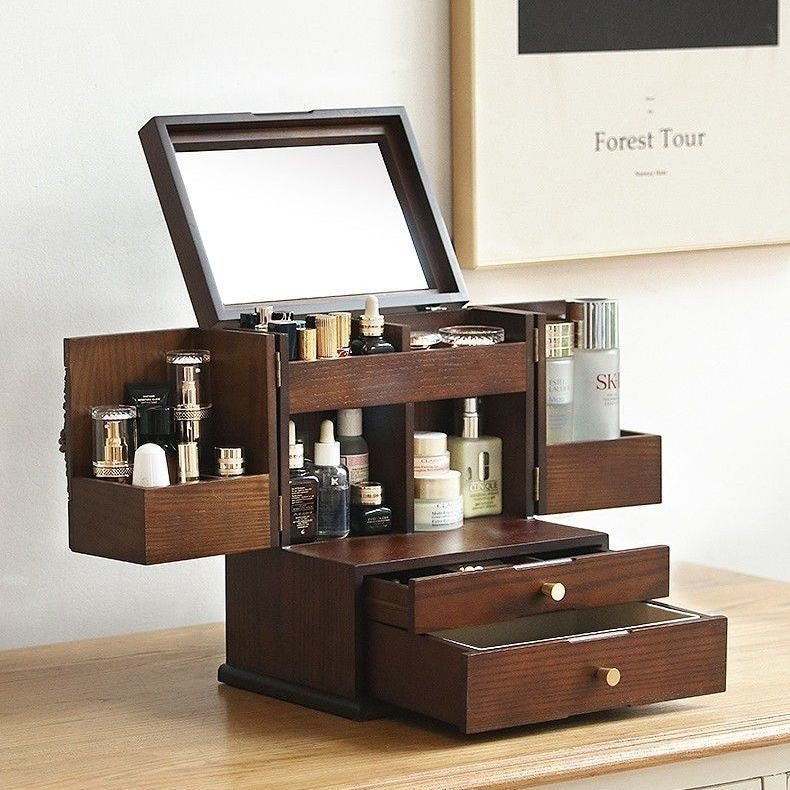 Luxury Solid Walnut Makeup Organizer Box with Drawers and Mirror – Elegant Vanity Storage Cabinet for Jewelry, Cosmetics & Beauty Essentials
