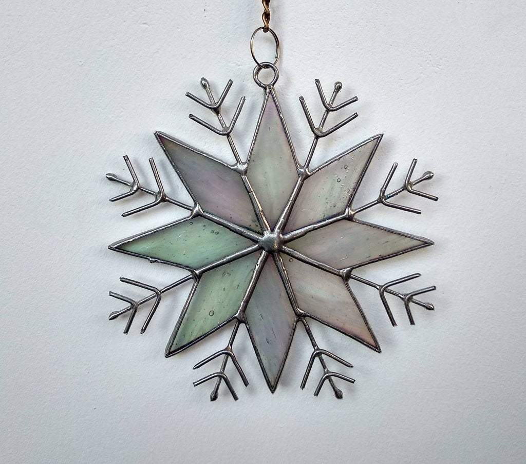 Stained Glass Snowflake Ornament – Handmade Iridescent Holiday Suncatcher