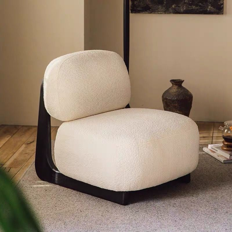 Modern Bouclé Lounge Chair – Plush Upholstered Accent Chair with Wood Base & Pillow for Living Room or Bedroom