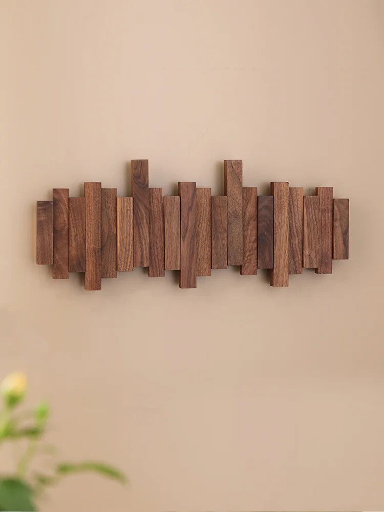 Modern Wooden Wall Hook Rack – Space-Saving Folding Coat Rack with Hidden Hooks – Stylish Walnut Wood Floating Wall Organizer