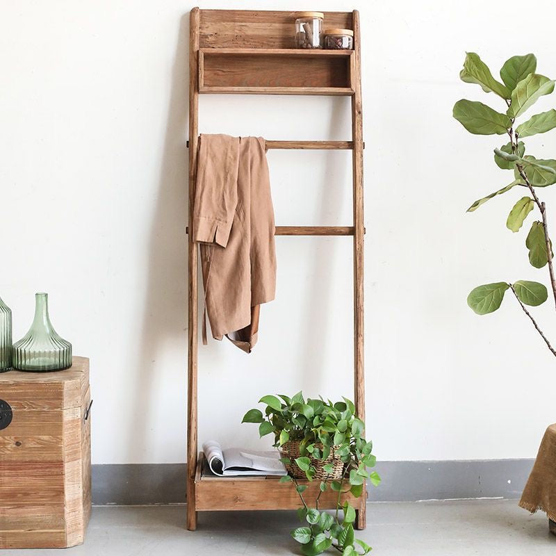 Rustic Wooden Ladder Shelf with Hanging Rack